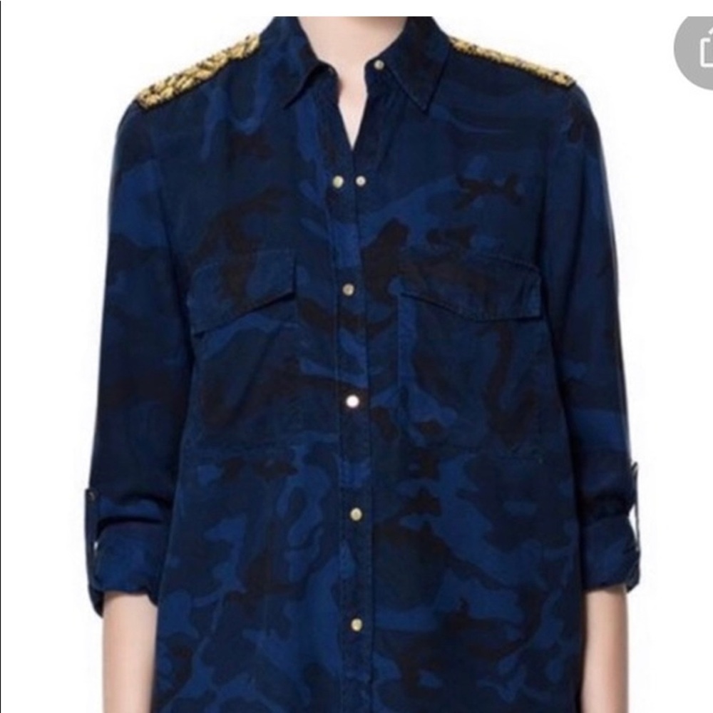 Zara Camouflage Button Up with Embellished Shoulders sz Medium